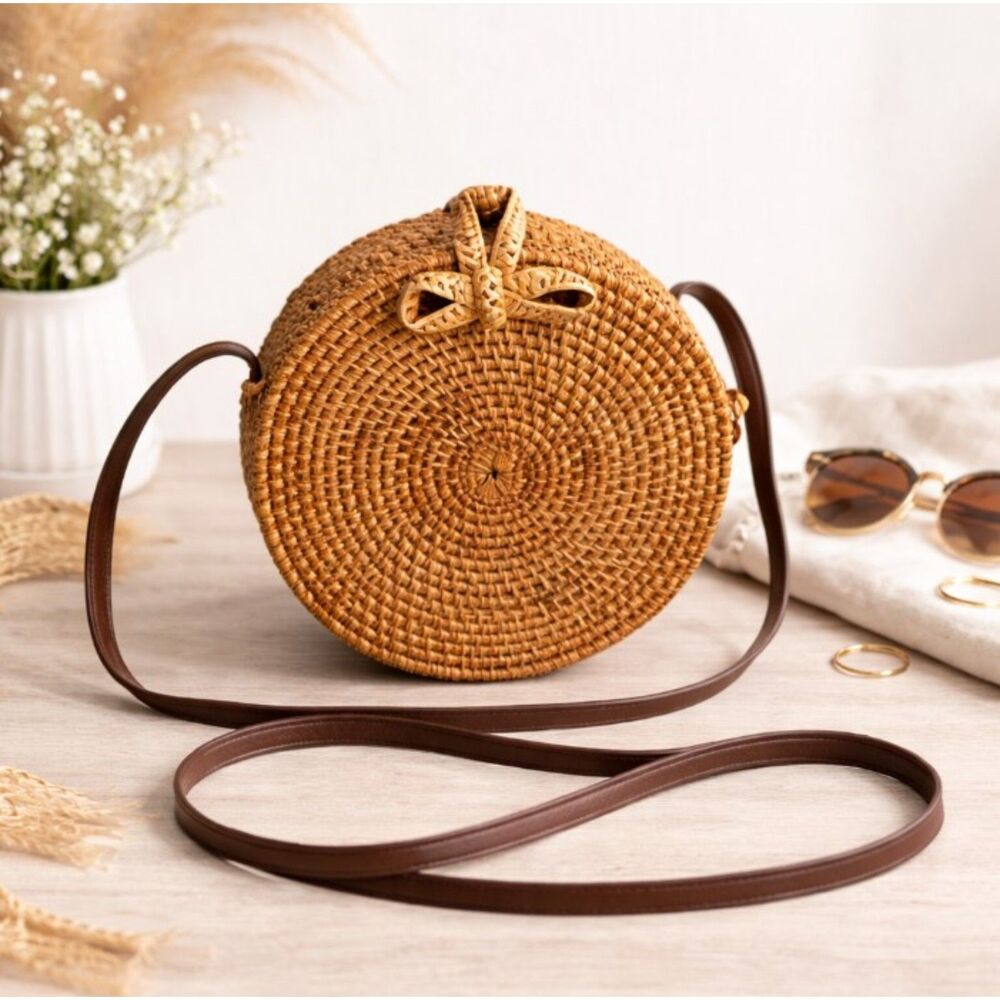 Round Wicker Crossbody Straw Rattan Womens Purse Shoulder Bag Leather Strap
